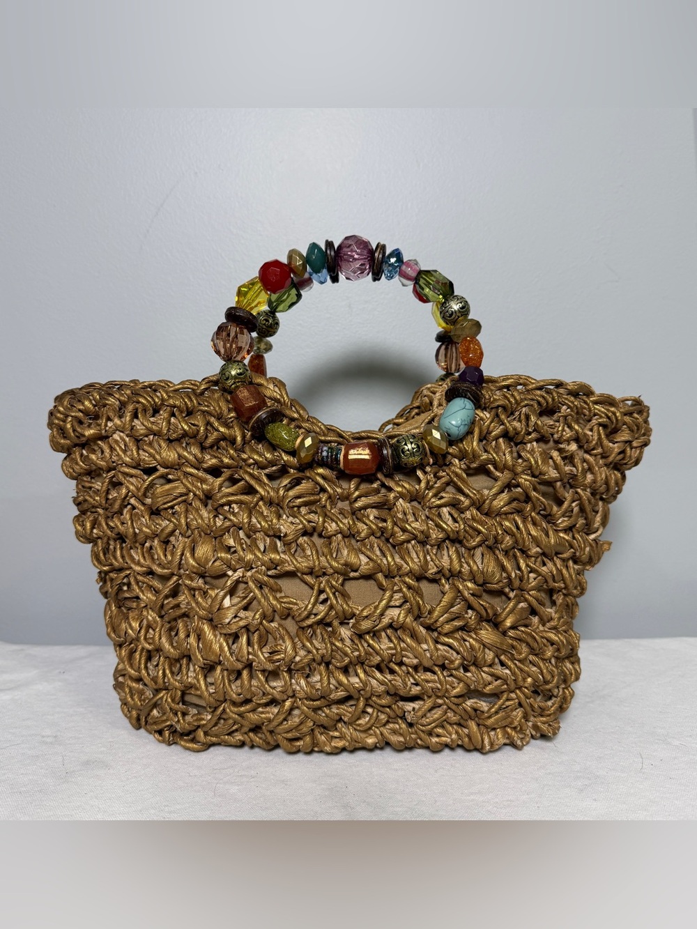 Capelli Straworld Gold Woven Top Bead-Handle Tote Bag Vintage - Picture 1 of 16
